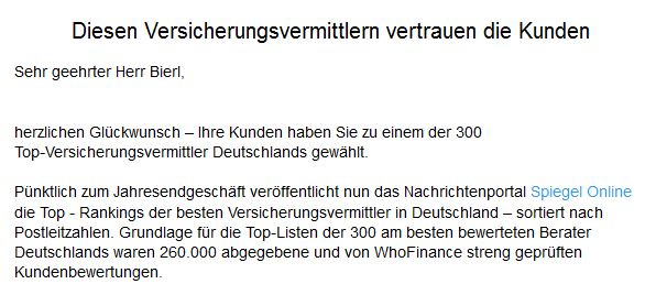 Spiegel Online Beste Versicherungsvermittler /Finanzberatung Bierl