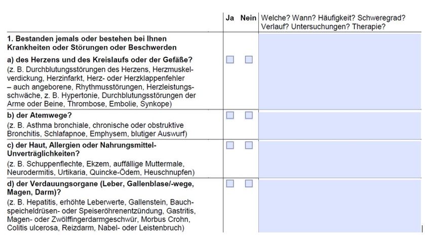 Gesundheitlicher Fragebogen Nürnberger Berufsunfähigkeitsversicherung über 2.500 Euro