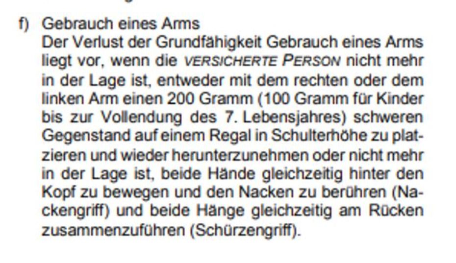 Versicherte Grundfähigkeit Gebrauch eines Armes Bayerische für Kinder