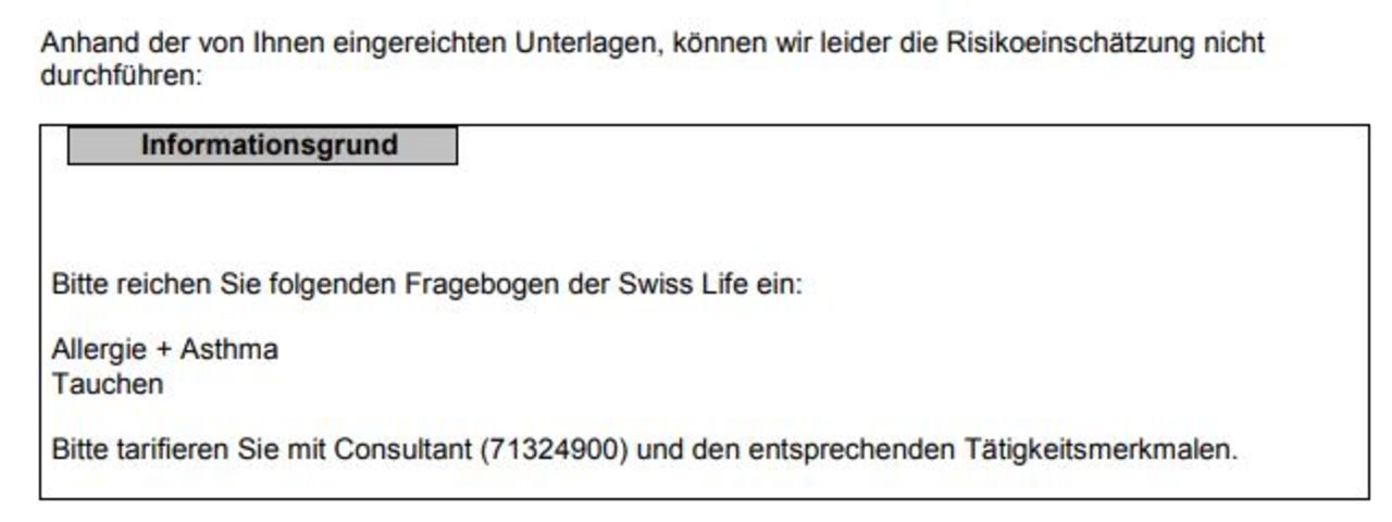 Wieder eine unsinnige Nacharbeit der Swiss Life für die Berufsunfähigkeitsversicherung