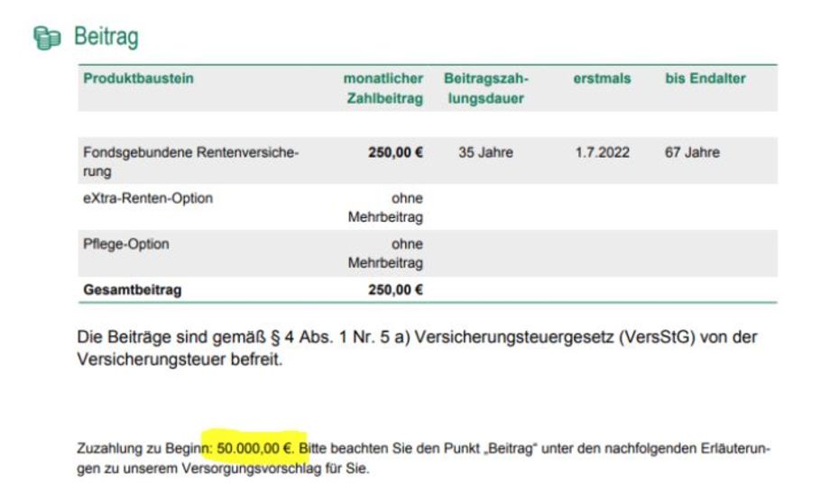 Beispiel Einmalanlage Klimarente 50.000 Euro & Sparplan 250 Euro LV 1871