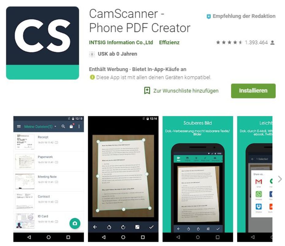 Empfehlung Camscanner Upload Unterlagen für simplr