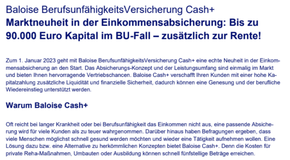Cash+ Kapitalauszahlung Baloise Berufsunfähigkeitsversicherung