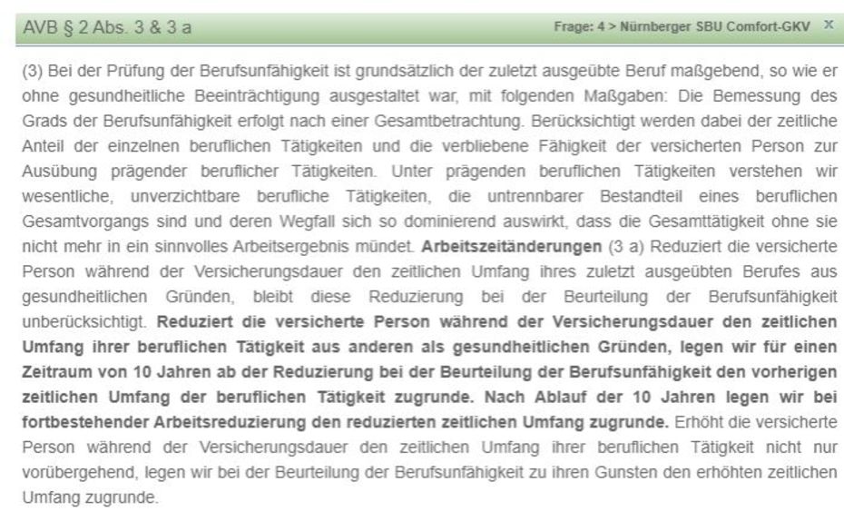 Teilzeitklausel Nürnberger Berufsunfähigkeitsversicherung