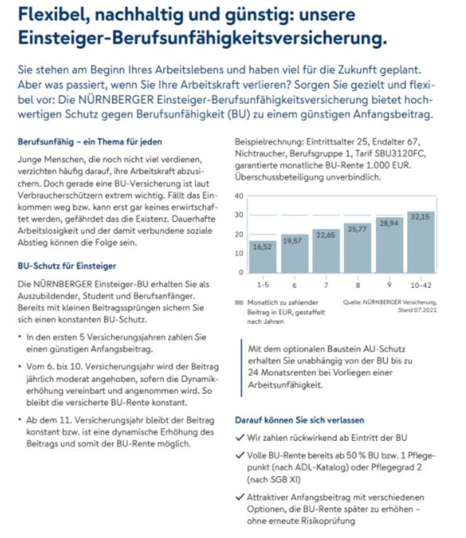 Auszug Einsteigertarif Nürnberger Berufsunfähigkeitsversicherung