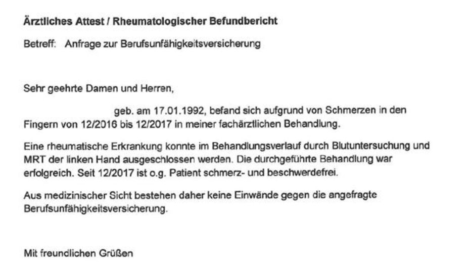 1.176 Ärztliches Attest Verdacht auf Rheuma Berufsunfähigkeitsversicherung