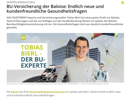 Das Investment Tobias Bierl Baloise neue Gesundheitsfragen