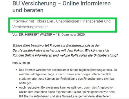 "Online Informieren & Beraten Berufsunfähigkeitsversicherung" - Interview Tobias Bierl