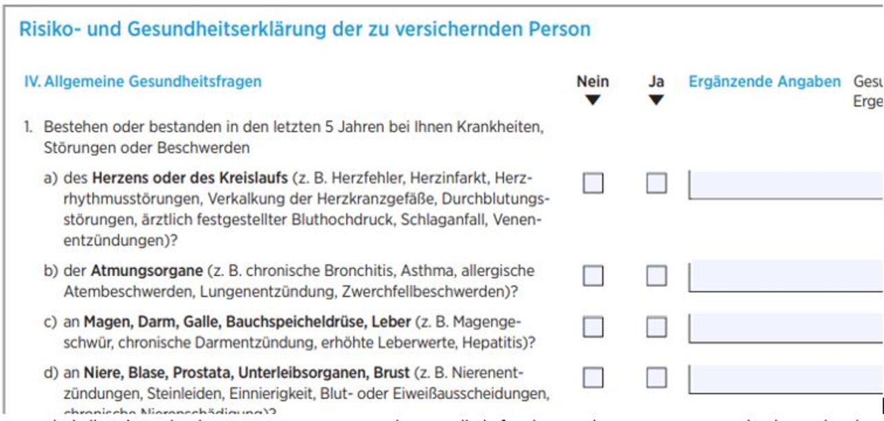 Ausschnitt Gesundheitsfragen Bayerische Berufsunfähigkeitsversicherung