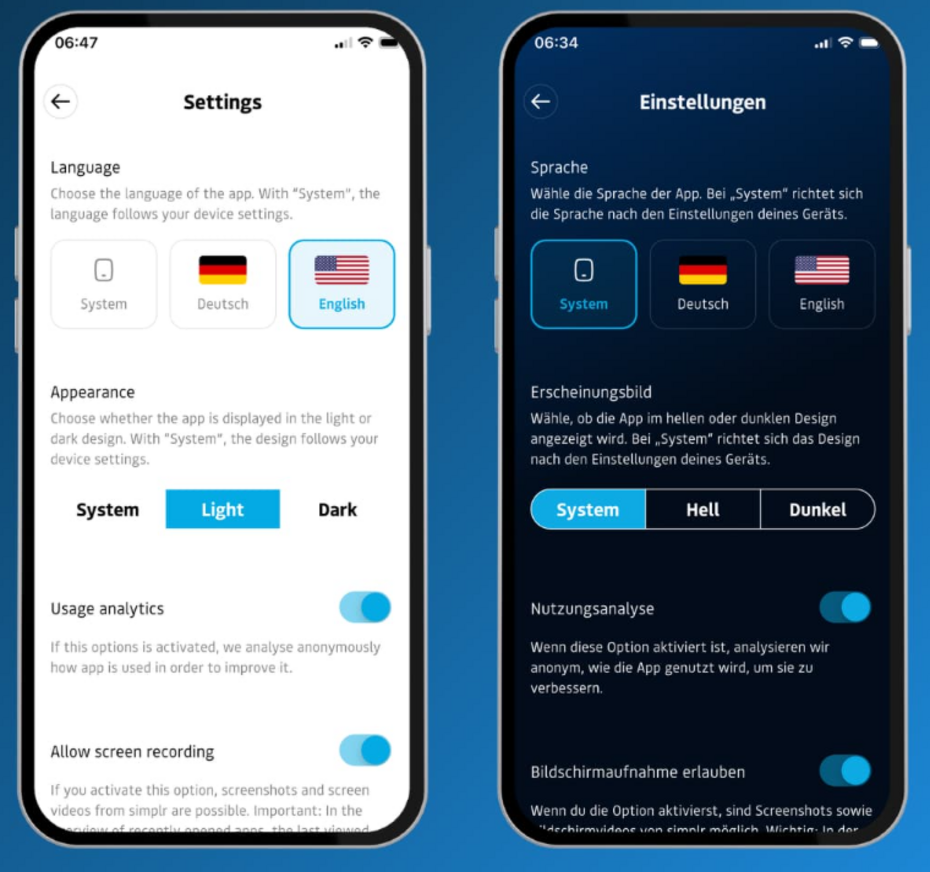 simplr Einstellung Sprachauswahl & Dark Mode simplr Einstellung Sprachauswahl & Dark Mode