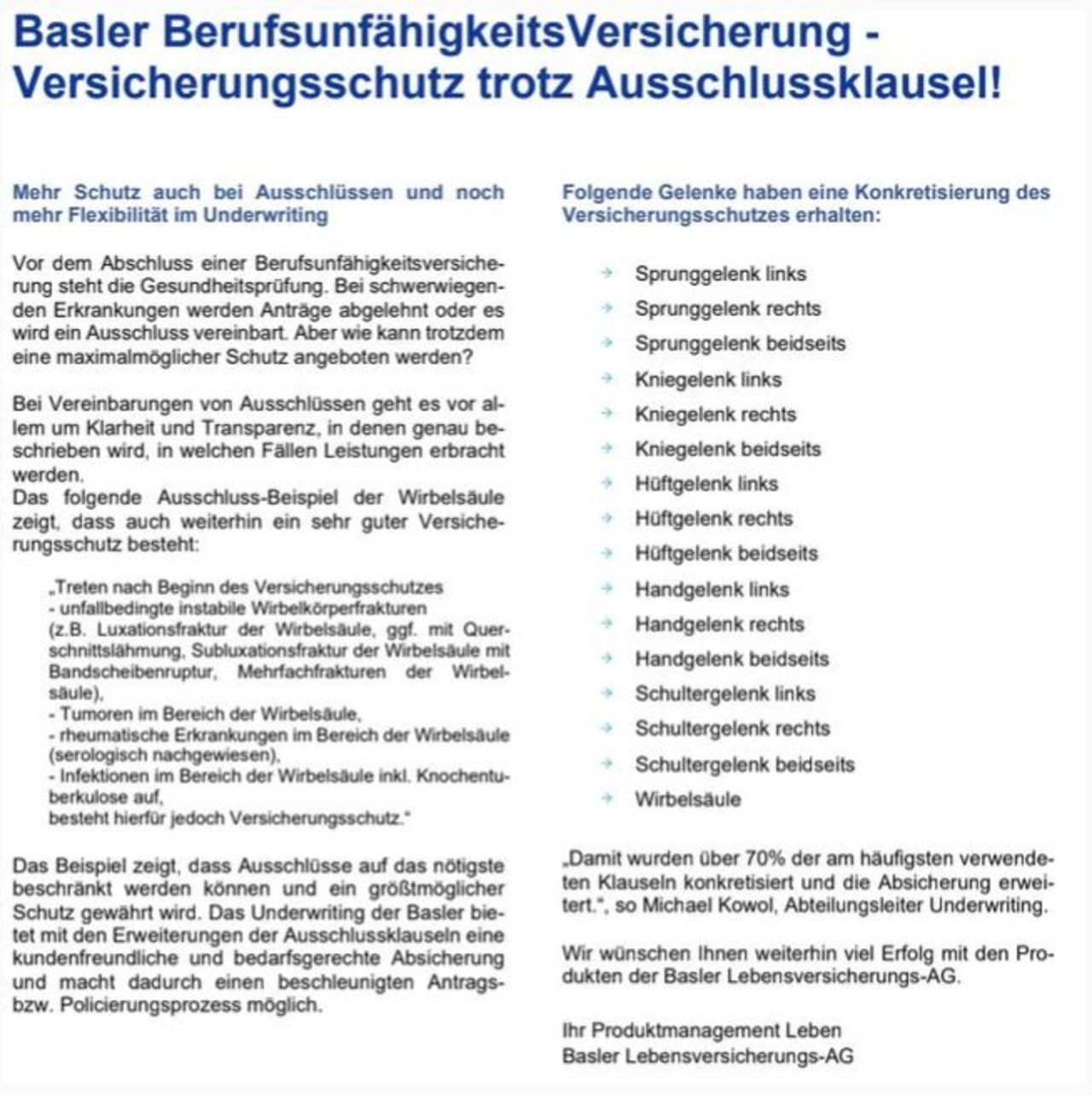 Verbesserung Ausschlussklauseln Basler Berufsunfähigkeitsversicherung