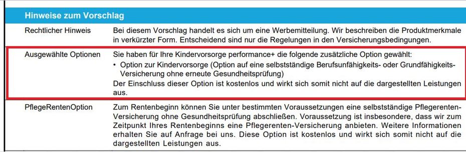 Vorschlag Option Berufsunfähigkeitsversicherung Stuttgarter Kindervorsorge