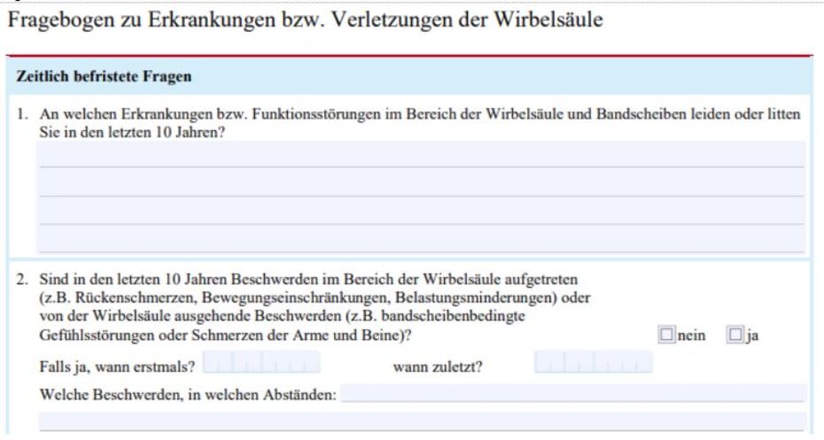 Ausschnitt Fragebogen Wirbelsäule Alte Leipziger Berufsunfähigkeitsversicherung