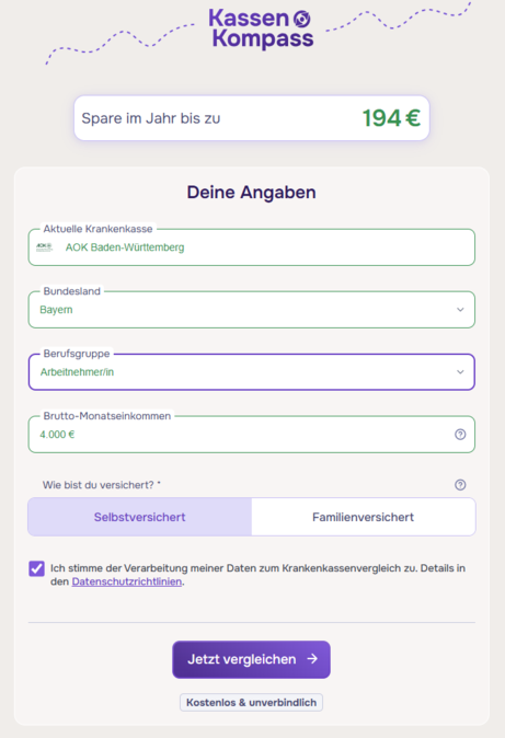 KassenKompass GKV Vergleichsrechner Kundendaten 2 KassenKompass GKV Vergleichsrechner Kundendaten 2